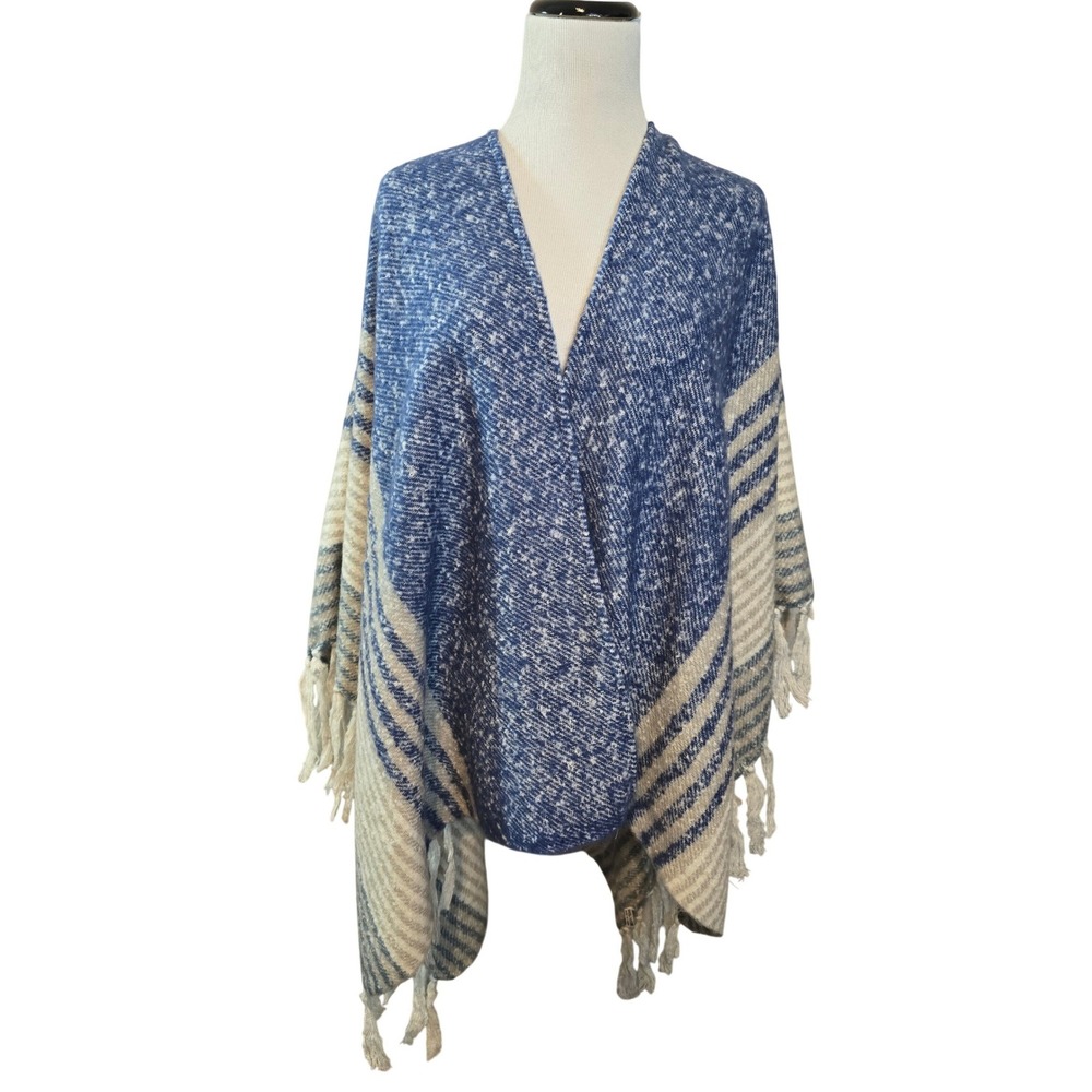 Womens Blue White Striped Open Front Fringed Poncho Cape Shawl One Size New